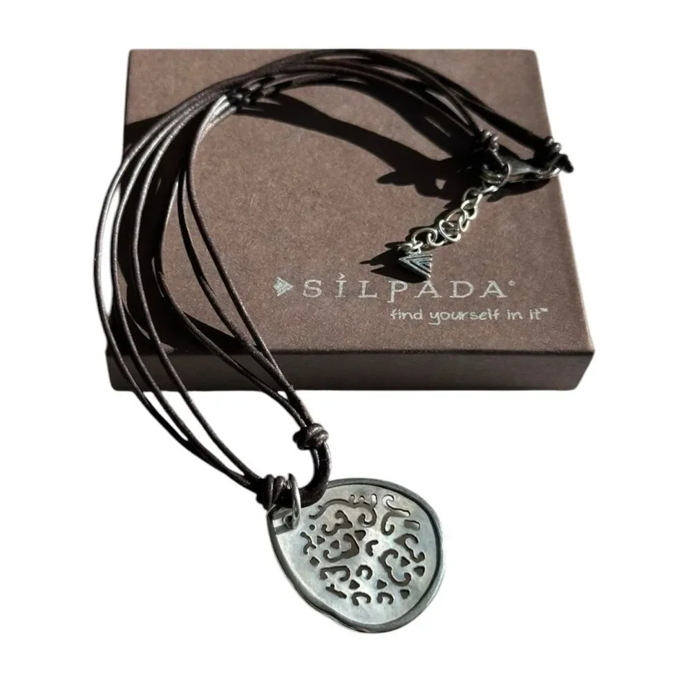Silpada Lip Shell Teardrop Pendant on a Brown Leather Necklace RETIRED N1446
